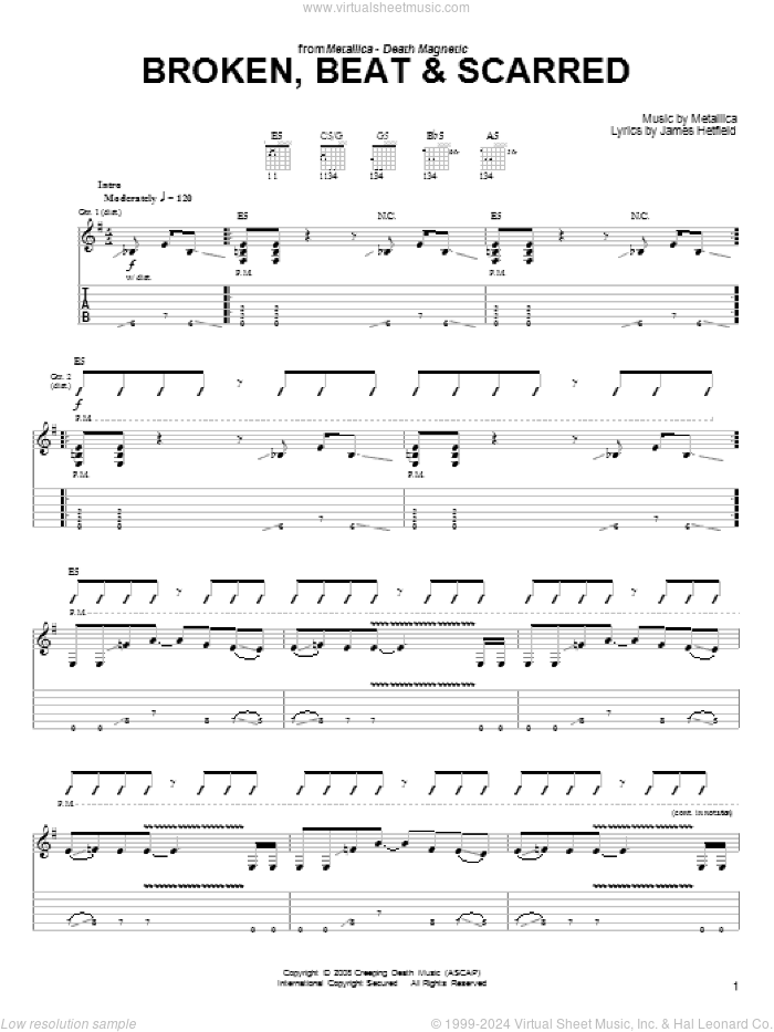 Broken, Beat and Scarred sheet music for guitar solo (easy tablature) by Metallica and James Hetfield, easy guitar (easy tablature)