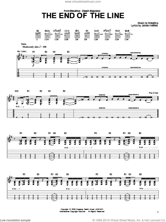 The End Of The Line sheet music for guitar solo (easy tablature) by Metallica and James Hetfield, easy guitar (easy tablature)