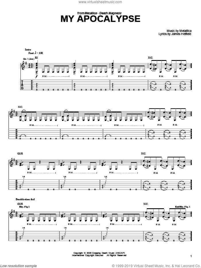 My Apocalypse sheet music for guitar solo (easy tablature) by Metallica and James Hetfield, easy guitar (easy tablature)
