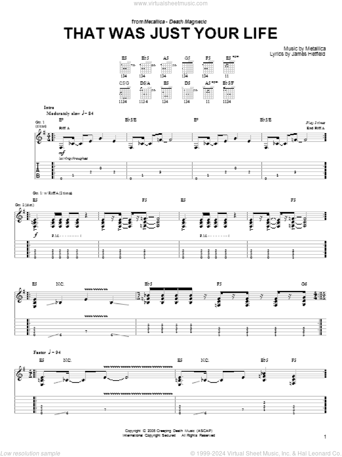 That Was Just Your Life sheet music for guitar solo (easy tablature) by Metallica and James Hetfield, easy guitar (easy tablature)