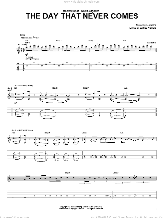 The Day That Never Comes sheet music for guitar solo (easy tablature) by Metallica and James Hetfield, easy guitar (easy tablature)