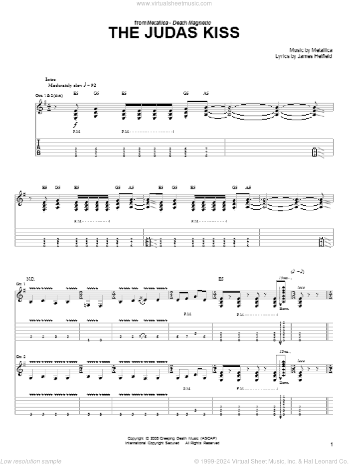 The Judas Kiss sheet music for guitar solo (easy tablature) by Metallica and James Hetfield, easy guitar (easy tablature)