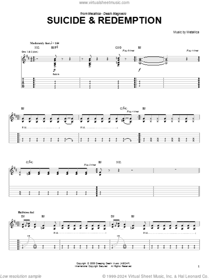 Suicide and Redemption sheet music for guitar solo (easy tablature) by Metallica, easy guitar (easy tablature)