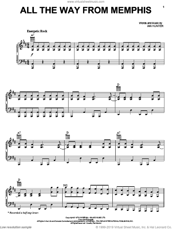 All The Way From Memphis sheet music for voice, piano or guitar by Ian Hunter and Mott The Hoople, intermediate skill level