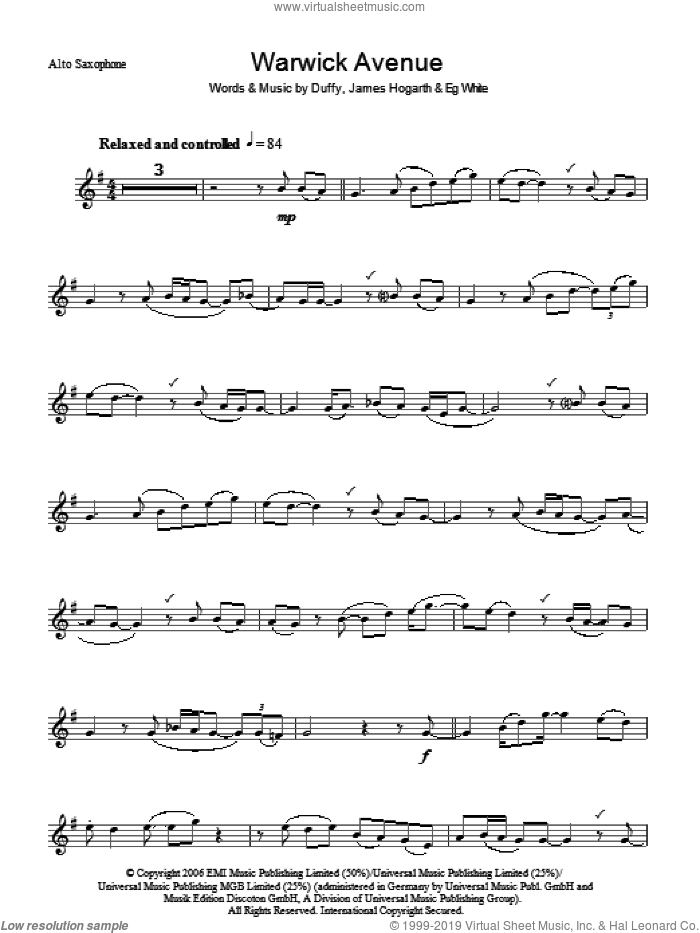 Warwick Avenue sheet music for voice and other instruments (fake book) by Duffy, Aimee Duffy, Francis White and James Hogarth, intermediate skill level
