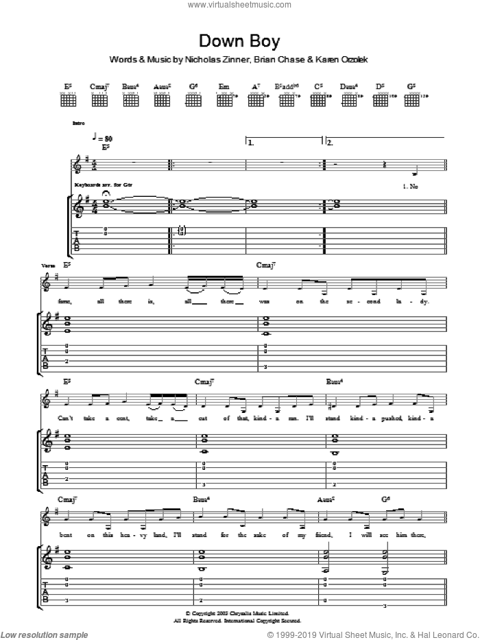 Down Boy sheet music for guitar (tablature) by Yeah Yeah Yeahs, Brian Chase, Karen Orzolek and Nick Zinner, intermediate skill level