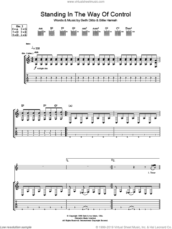 Standing In The Way Of Control sheet music for guitar (tablature) by Gossip, Beth Ditto and Billie Hannah, intermediate skill level