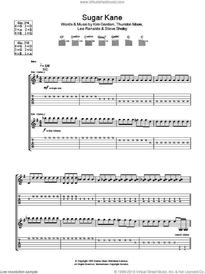 Sugar Kane sheet music for guitar (tablature) by Sonic Youth, Kim Gordon, Lee Ranaldo, Steve Shelley and Thurston Moore, intermediate skill level