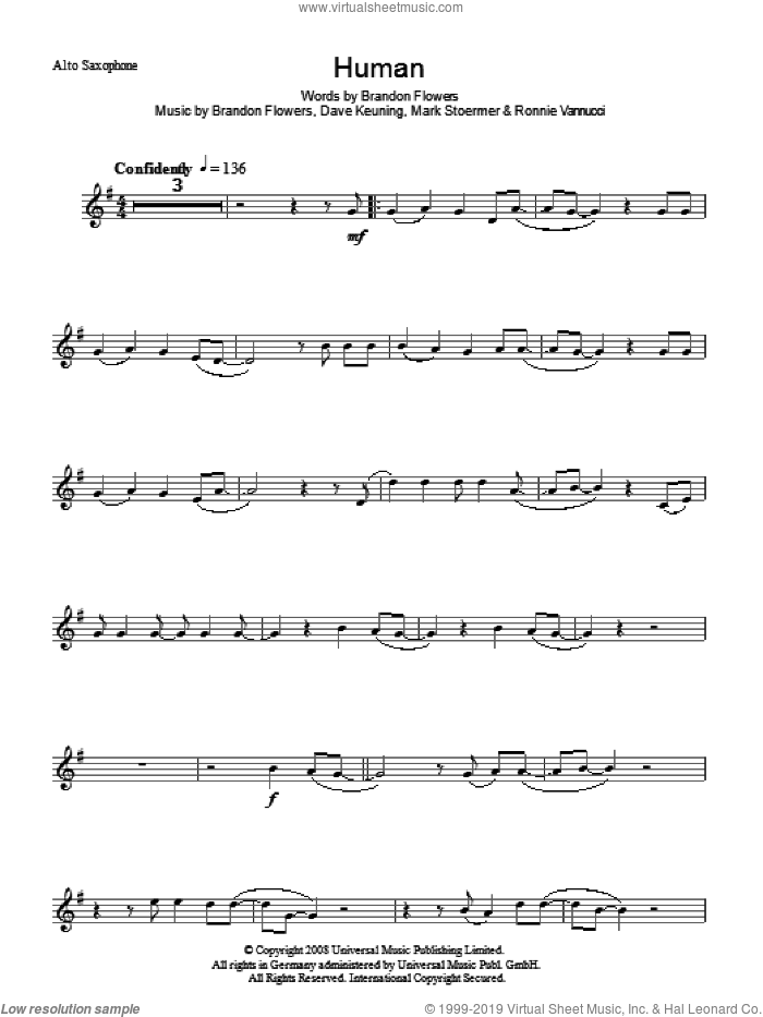 Human sheet music for voice and other instruments (fake book) by The Killers, Brandon Flowers, Dave Keuning, Mark Stoermer and Ronnie Vannucci, intermediate skill level