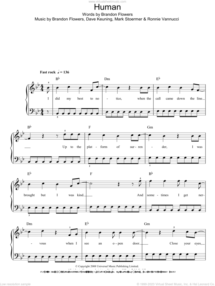 Human sheet music for piano solo by The Killers, Brandon Flowers, Dave Keuning, Mark Stoermer and Ronnie Vannucci, easy skill level
