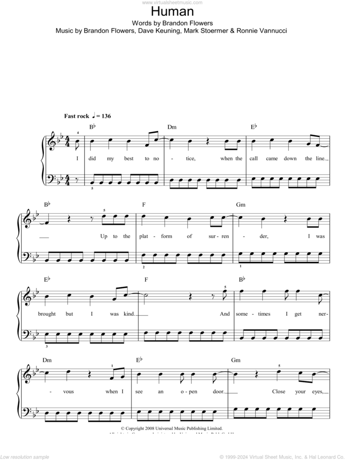 Human sheet music for piano solo by The Killers, Brandon Flowers, Dave Keuning, Mark Stoermer and Ronnie Vannucci, easy skill level