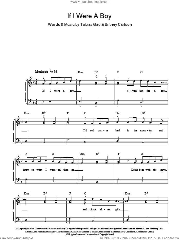 If I Were A Boy sheet music for piano solo by Beyonce, Britney Carlson and Toby Gad, easy skill level