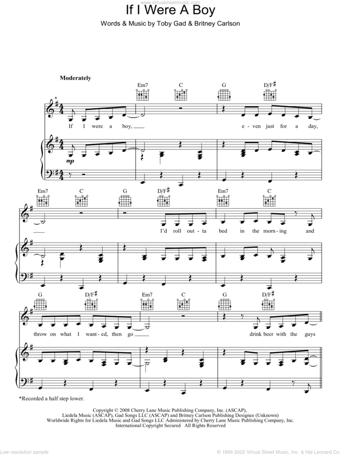 If I Were A Boy sheet music for voice, piano or guitar by Beyonce, Britney Carlson and Toby Gad, intermediate skill level