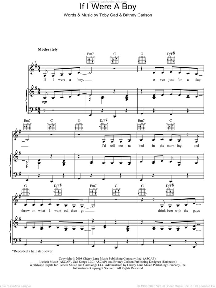 If I Were A Boy sheet music for voice, piano or guitar by Beyonce, Britney Carlson and Toby Gad, intermediate skill level