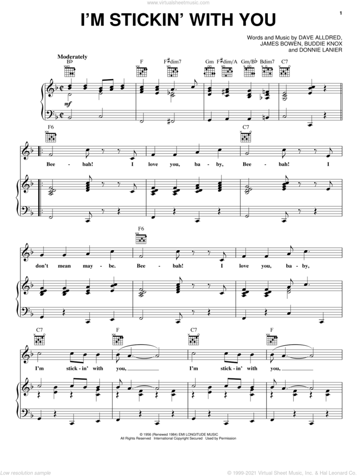I'm Stickin' With You sheet music for voice, piano or guitar by Jimmy Bowen, Buddie Knox, Buddy Knox, Dave Alldred, Donnie Lanier and James Bowen, intermediate skill level