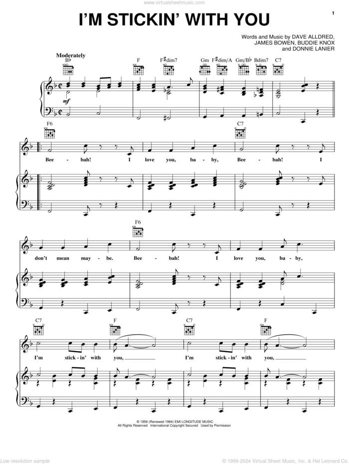 I'm Stickin' With You sheet music for voice, piano or guitar by Jimmy Bowen, Buddie Knox, Buddy Knox, Dave Alldred, Donnie Lanier and James Bowen, intermediate skill level