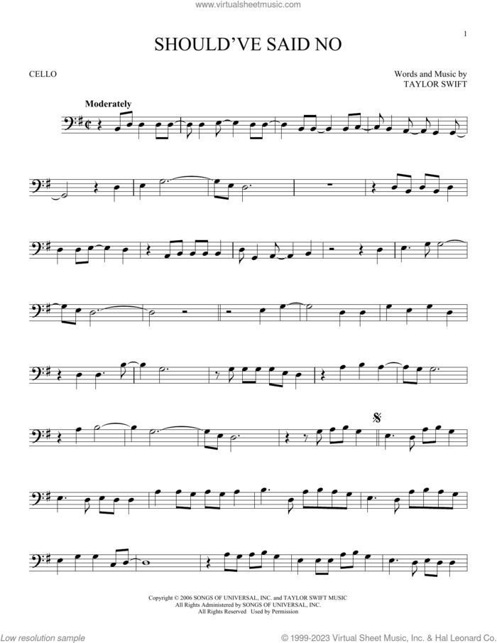 Should've Said No sheet music for cello solo by Taylor Swift, intermediate skill level