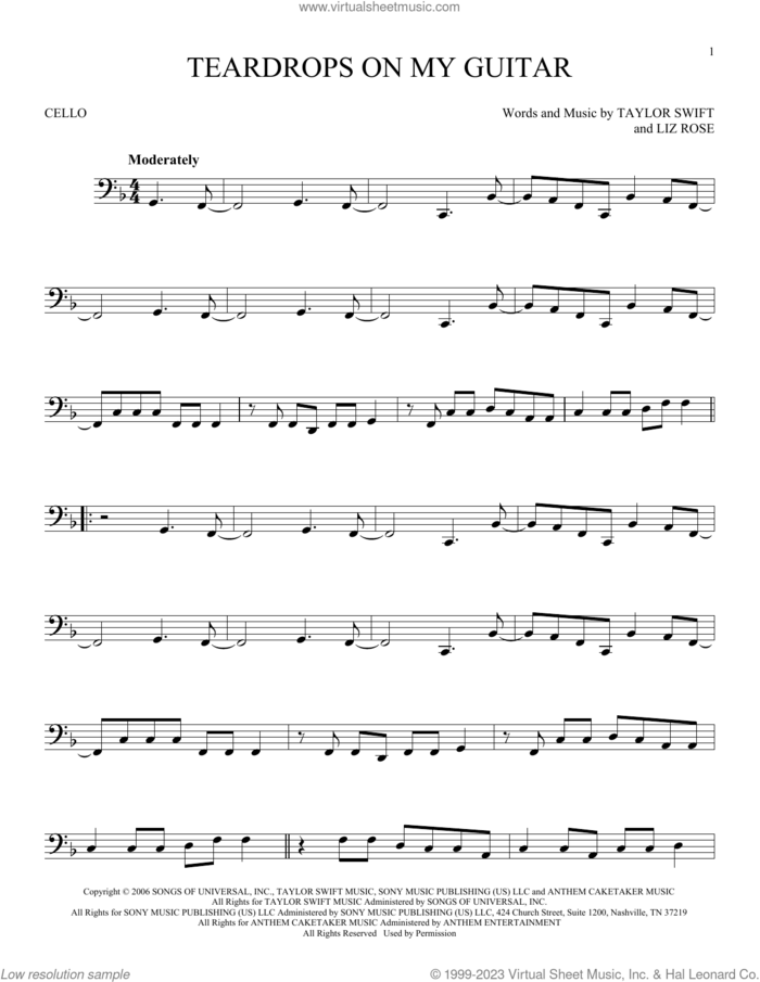 Teardrops On My Guitar sheet music for cello solo by Taylor Swift and Liz Rose, intermediate skill level
