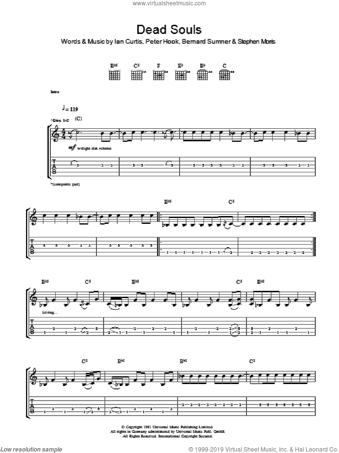 Dead Souls sheet music for guitar (tablature) by Joy Division, Bernard Sumner, Ian Curtis, Peter Hook and Stephen Morris, intermediate skill level