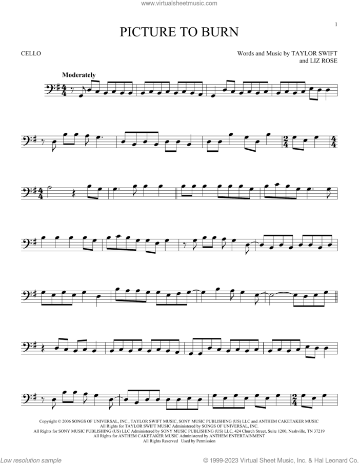 Picture To Burn sheet music for cello solo by Taylor Swift and Liz Rose, intermediate skill level