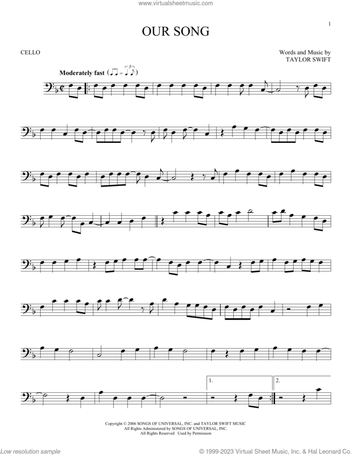 Our Song sheet music for cello solo by Taylor Swift, intermediate skill level
