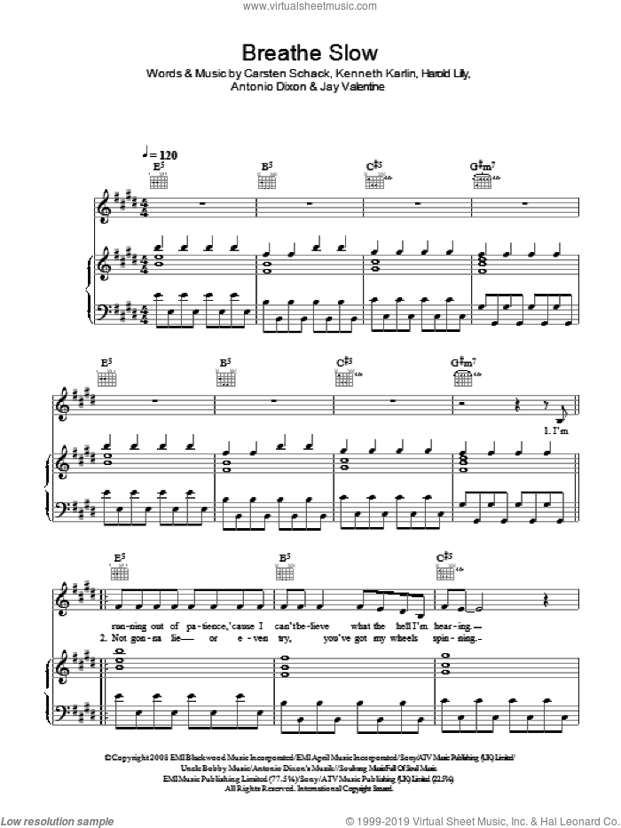 Breathe Slow sheet music for voice, piano or guitar by Alesha Dixon, Antonio Dixon, Carsten Schack, Harold Lilly, Jr., Jay Valentine and Kenneth Karlin, intermediate skill level
