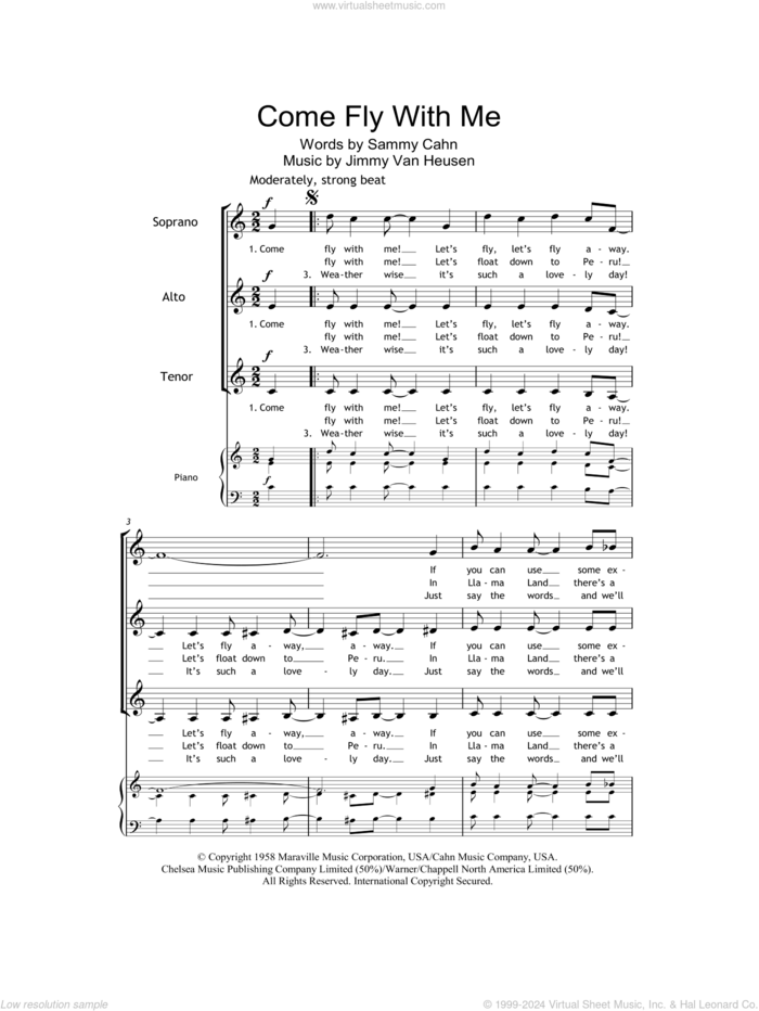 Come Fly With Me sheet music for choir (SSA: soprano, alto) by Frank Sinatra, Jimmy Van Heusen and Sammy Cahn, intermediate skill level