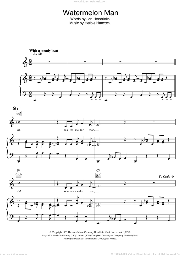 Watermelon Man sheet music for voice, piano or guitar by Herbie Hancock and Jon Hendricks, intermediate skill level