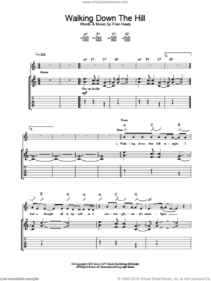 Walking Down The Hill sheet music for guitar (tablature) by Merle Travis, intermediate skill level