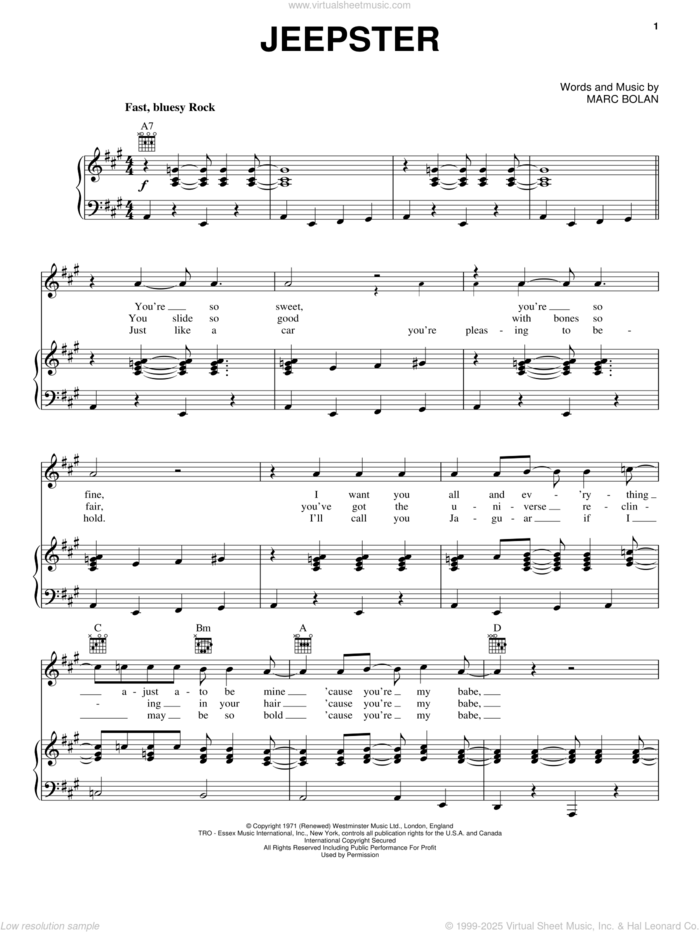 Jeepster sheet music for voice, piano or guitar by T Rex and Marc Bolan, intermediate skill level