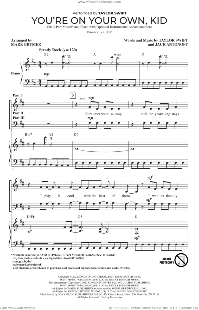 You're On Your Own, Kid (arr. Mark Brymer) sheet music for choir (3-Part Mixed) by Taylor Swift, Mark Brymer and Jack Antonoff, intermediate skill level
