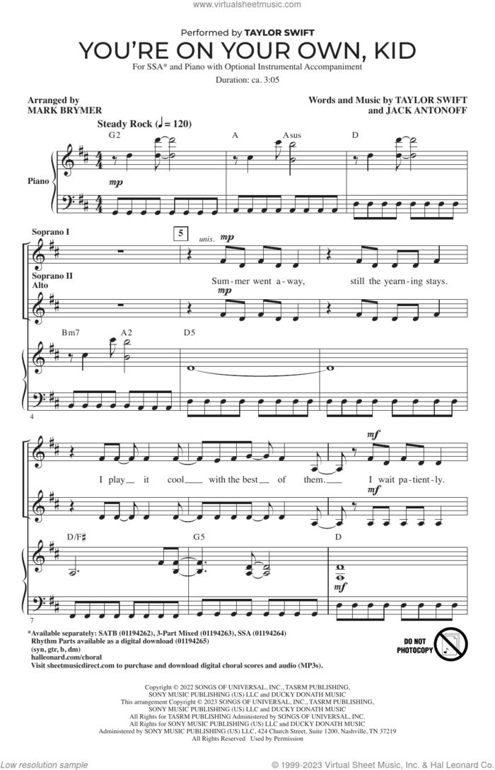 You're On Your Own, Kid (arr. Mark Brymer) sheet music for choir (SSA: soprano, alto) by Taylor Swift, Mark Brymer and Jack Antonoff, intermediate skill level