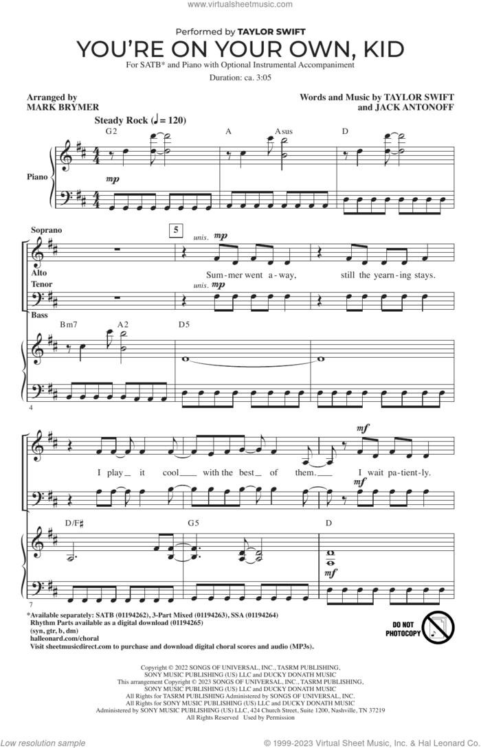 You're On Your Own, Kid (arr. Mark Brymer) sheet music for choir (SATB: soprano, alto, tenor, bass) by Taylor Swift, Mark Brymer and Jack Antonoff, intermediate skill level