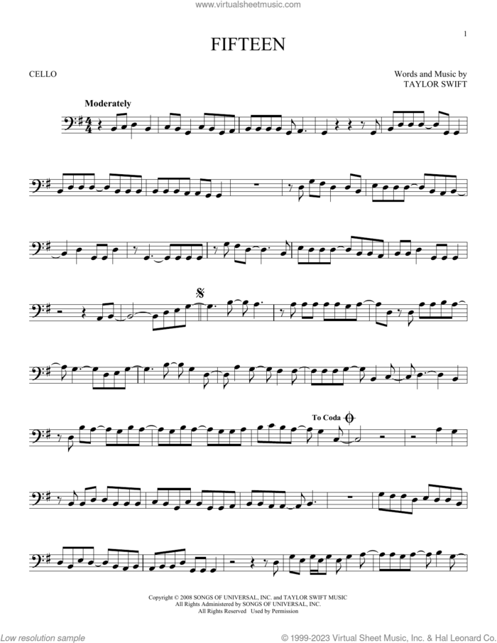Fifteen sheet music for cello solo by Taylor Swift, intermediate skill level