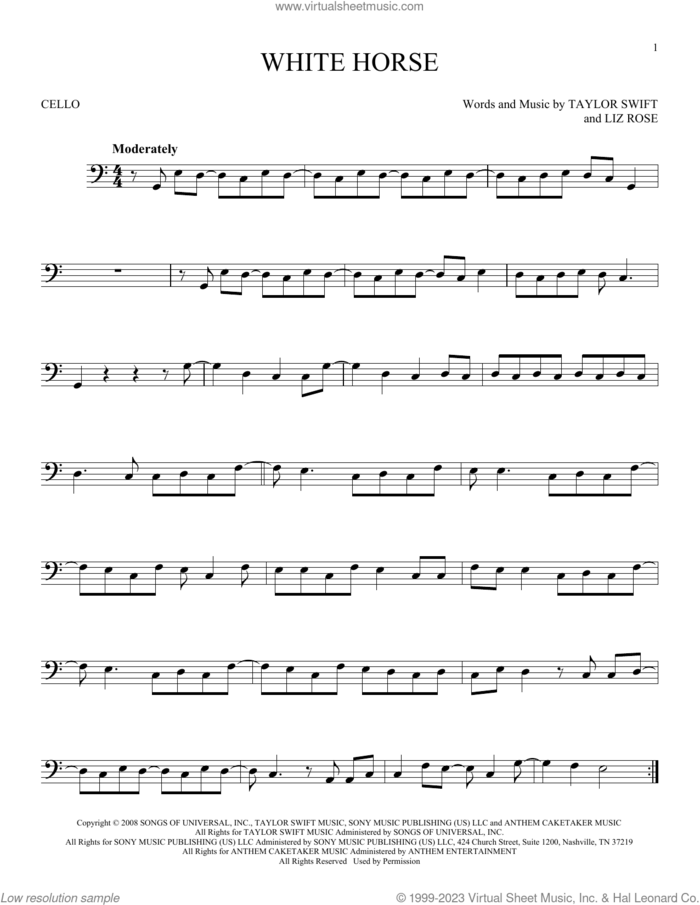 White Horse sheet music for cello solo by Taylor Swift and Liz Rose, intermediate skill level