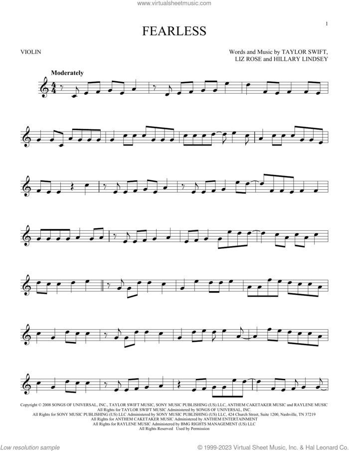Fearless sheet music for violin solo by Taylor Swift, Hillary Lindsey and Liz Rose, intermediate skill level