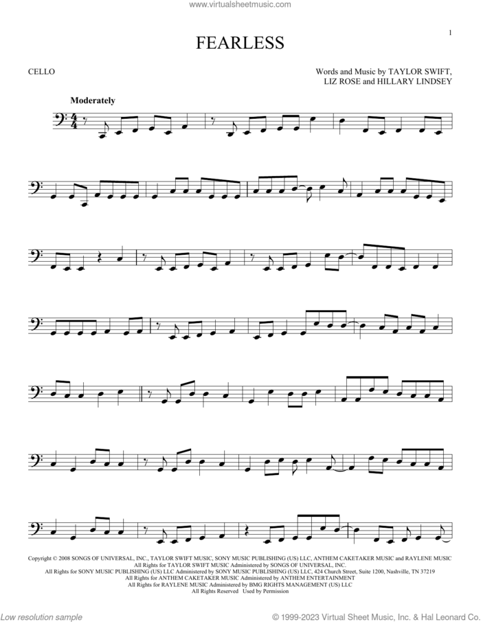 Fearless sheet music for cello solo by Taylor Swift, Hillary Lindsey and Liz Rose, intermediate skill level