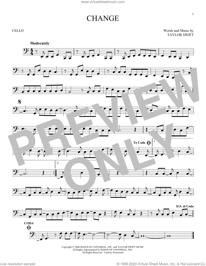 Change sheet music for cello solo by Taylor Swift, intermediate skill level