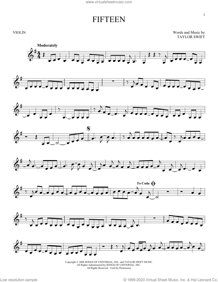 Fifteen sheet music for violin solo by Taylor Swift, intermediate skill level