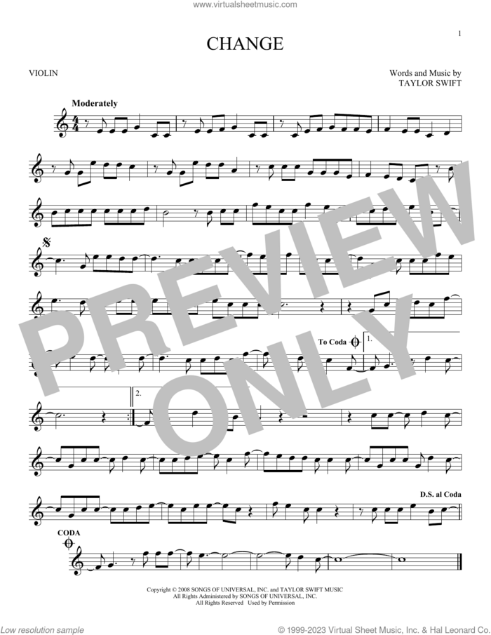 Change sheet music for violin solo by Taylor Swift, intermediate skill level