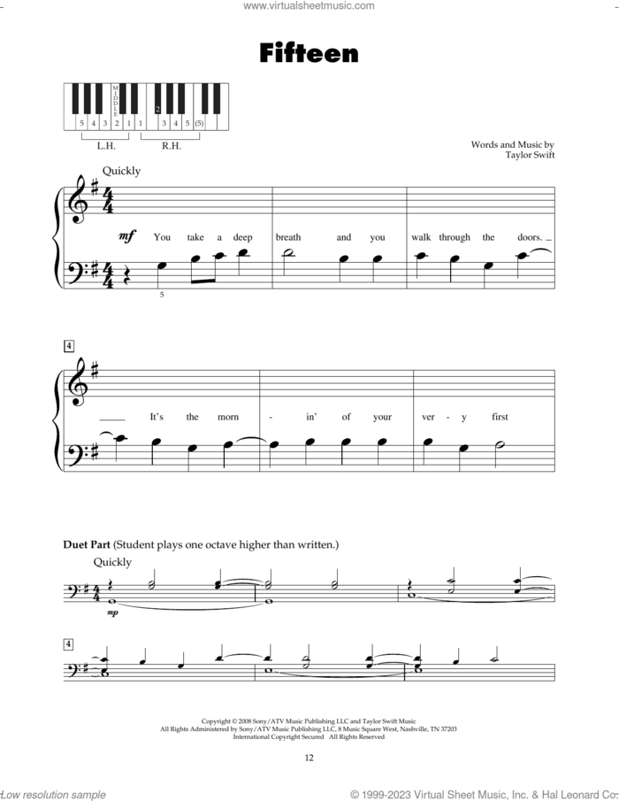 Fifteen sheet music for piano solo (5-fingers) by Taylor Swift, beginner piano (5-fingers)