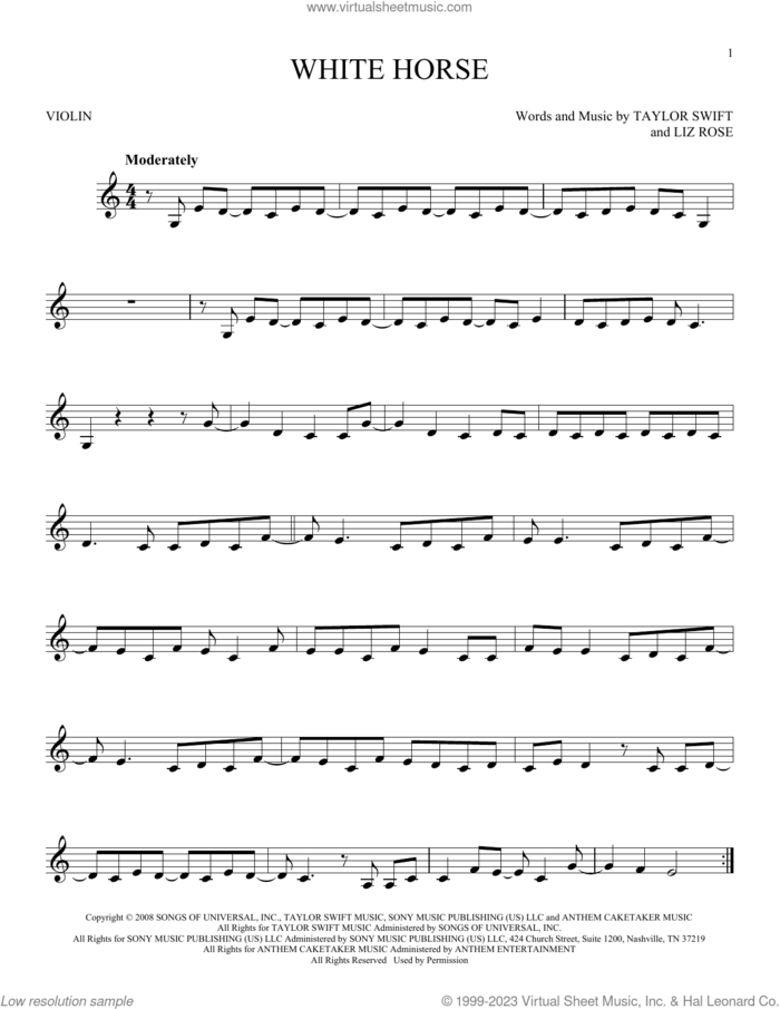 White Horse sheet music for violin solo by Taylor Swift and Liz Rose, intermediate skill level