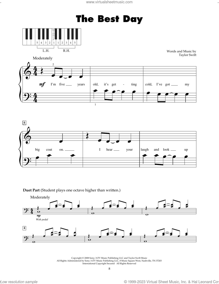 The Best Day sheet music for piano solo (5-fingers) by Taylor Swift, beginner piano (5-fingers)