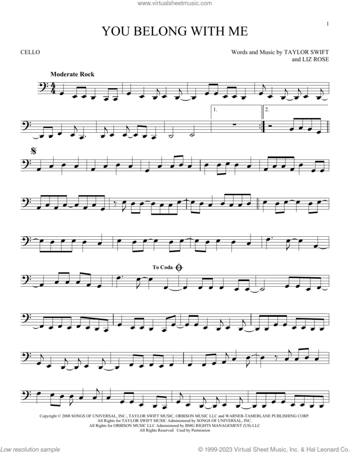 You Belong With Me sheet music for cello solo by Taylor Swift and Liz Rose, intermediate skill level