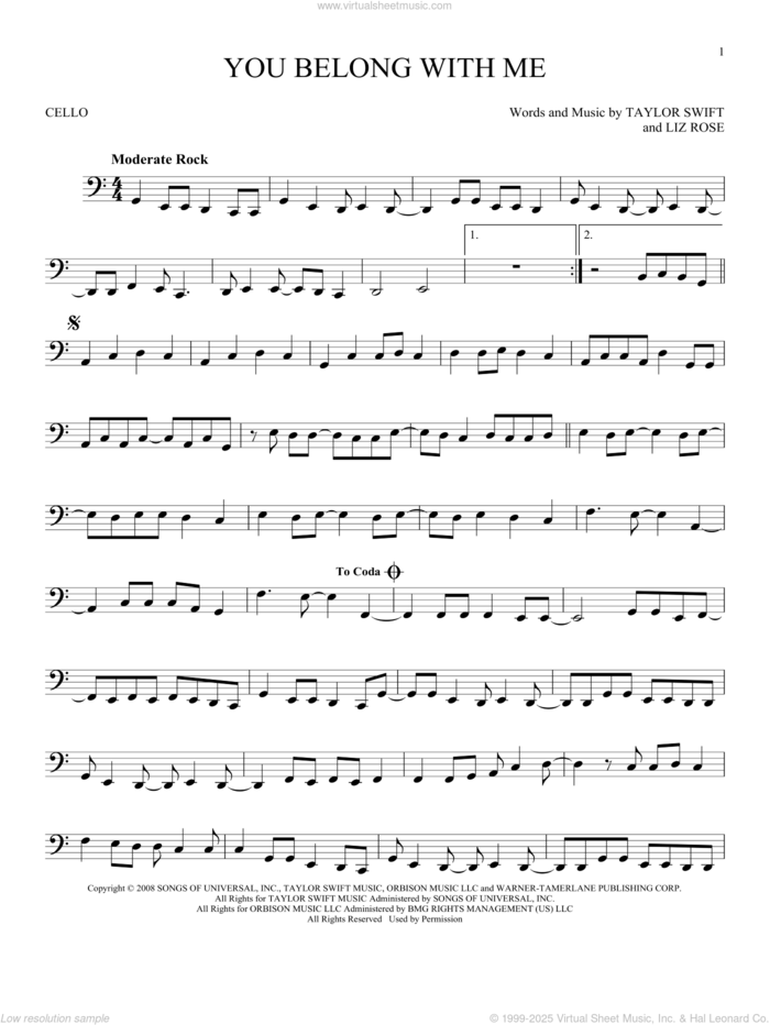 You Belong With Me sheet music for cello solo by Taylor Swift and Liz Rose, intermediate skill level