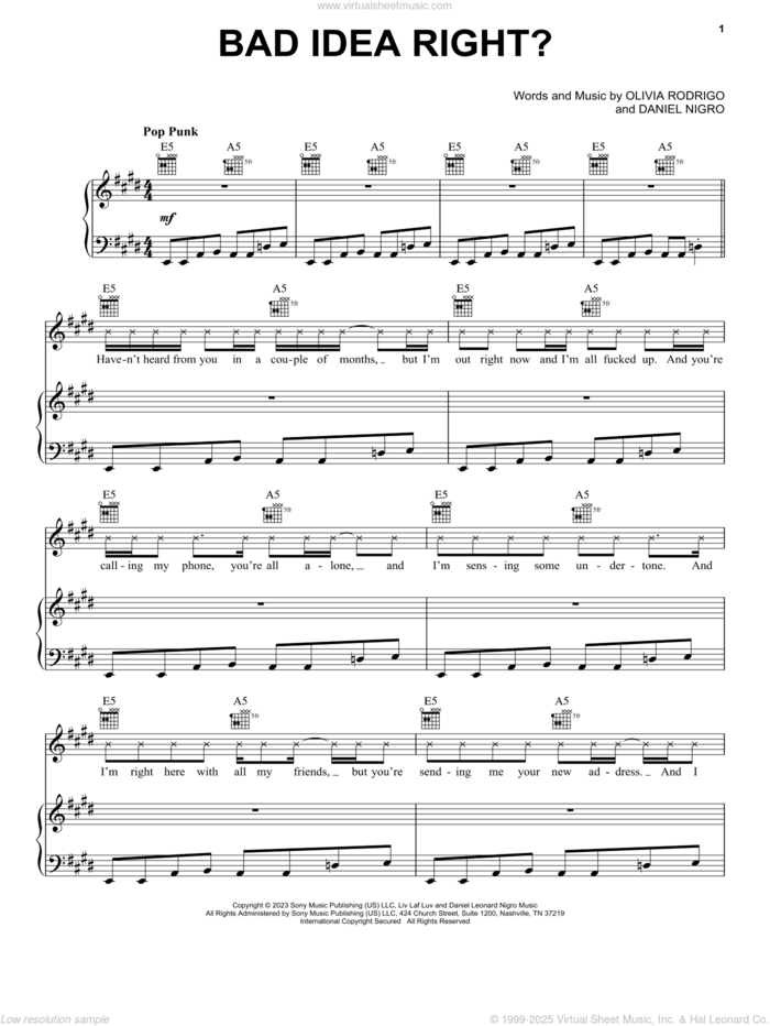 bad idea right? sheet music for voice, piano or guitar by Olivia Rodrigo and Daniel Nigro, intermediate skill level