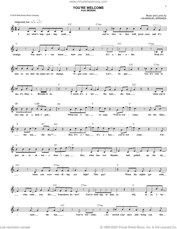 You're Welcome (from Moana) sheet music for voice and other instruments (fake book) by Lin-Manuel Miranda, intermediate skill level