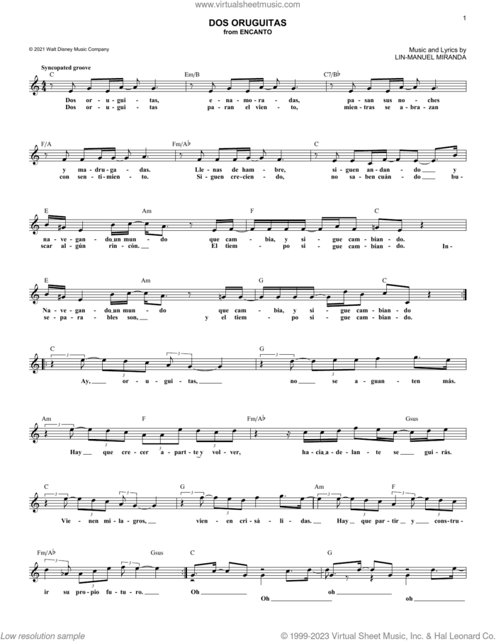 Dos Oruguitas (from Encanto) sheet music for voice and other instruments (fake book) by Sebastian Yatra and Lin-Manuel Miranda, intermediate skill level