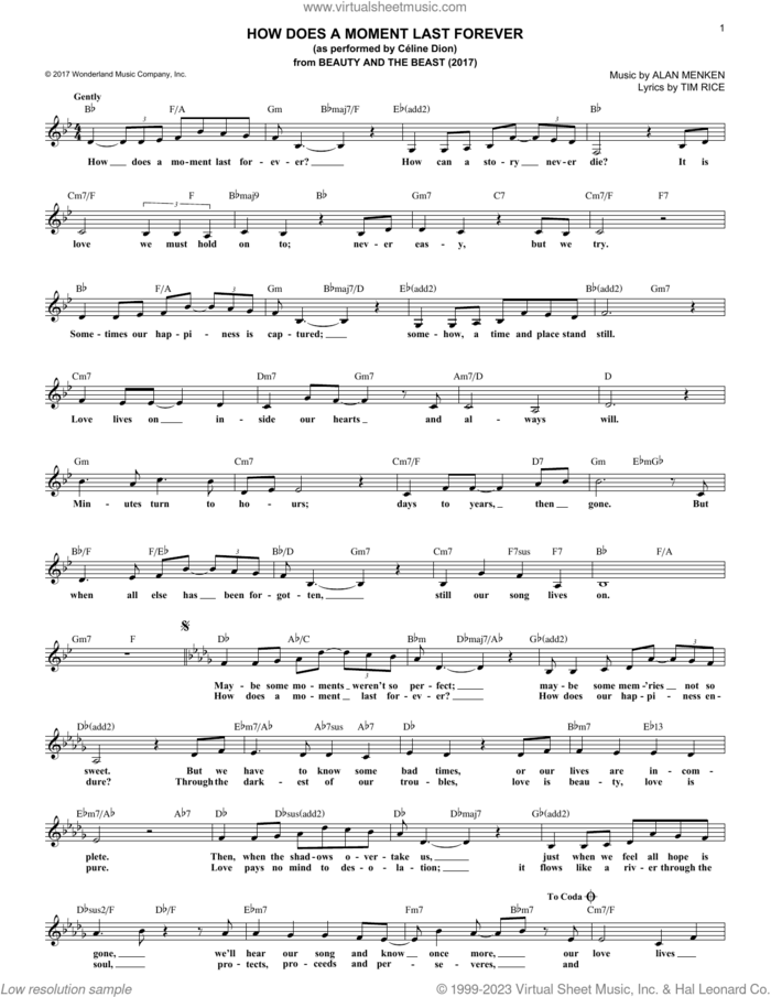 How Does A Moment Last Forever (from Beauty And The Beast) (2017) sheet music for voice and other instruments (fake book) by Alan Menken, Alan Menken & Tim Rice and Tim Rice, intermediate skill level