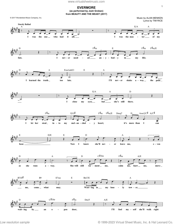 Evermore (from Beauty And The Beast) (2017) sheet music for voice and other instruments (fake book) by Alan Menken and Tim Rice, intermediate skill level